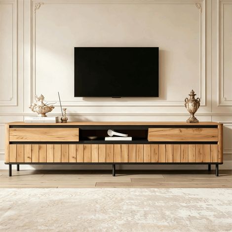 Meuble TV bas 180 x 40 x 52 cm pour TV 75 pouces, 2 tiroirs, 2 portes abattantes, passe-câbles, MDF effet chêne, pieds métal (1/5)