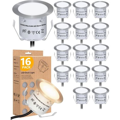 Pack de 16 Lumières de terrasse LED Blanc Chaud, Lampes de Pont de Socle imperméables, Lumière de Jardin enterrée Blanc Chaud Haute luminosité pour éclairage de terrasse - RWLuminaire Eclairage d'int (1/5)