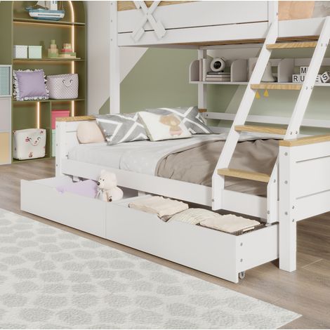 Etagenbett 90x200 cm Weiß Natur Kiefer und MDF mit Windmühle, Regalen, Schubladen und Schrägleiter (1/5)