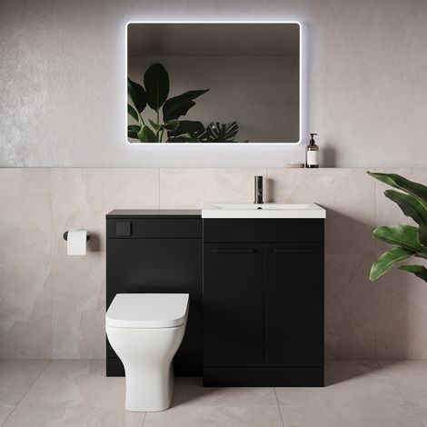 Napoli 390 Matt Black 1100mm 2 Door Vanity Unit Toilet Suite with Glide Basin - 1100mm - Matt Black 160mm HandleWith Kingston Toilet Pan and Seat