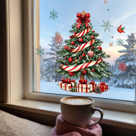 Décorations de Noël pour fenêtres avec sapin festif, cadeaux, flocons de neige et oiseaux – Autocollants statiques pour fenêtres, décorations de fêtes, articles de fête de Noël et ornements d'hiver (1/5)