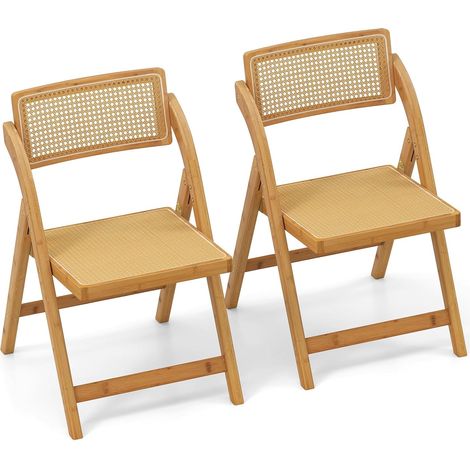 Costway – Chaise pliante en bambou – Lot de 2 – Dossier rotatif 360° – Assise en rotin respirant – Patins antidérapants pour stabilité