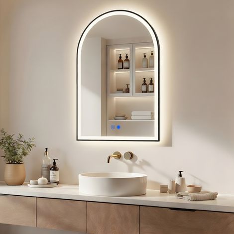 ARTFORMA Specchio da bagno LED ad arco 70x100 cm nero opaco touch antiappannamento (1/5)