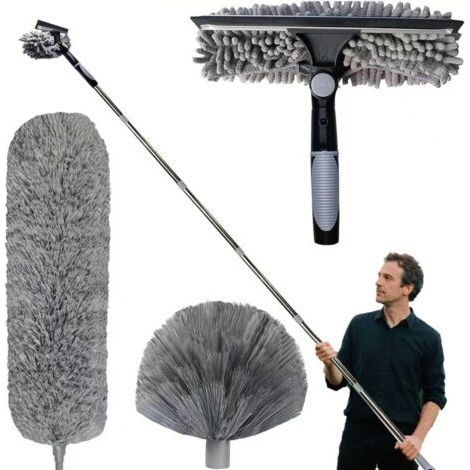 Plumeau télescopique 6 m, tête de loup télescopique avec rallonge réglable 1,5-6 m, balai araignée tête de loup, raclette à vitres, tête de plumeau ch (1/5)