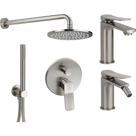 Kit bagno completo colore acciaio spazzolato miscelatore lavabo, bidet e kit doccia con leva inclinata Pollini Kora KITKORANS1 (1/5)