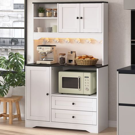 Credenza da cucina 100x40x163 cm, con LED, presa integrata, spazio microonde, ripiani regolabili, MDF bianco (1/5)