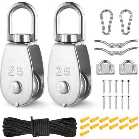 Ensemble de bloc de poulie de grue M25, système de poulie à roue unique de bloc de poulie pivotant en acier inoxydable 304 avec corde de ligne de nylon de 20m / 4mm-150kg / 330lbs Chargement (1/5)