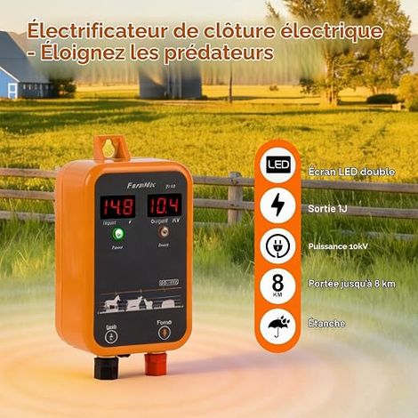 Électrificateur Clôture Électrique 12V avec affichage LED, 1J 230V pour portée 8 KM, pour petits animaux, volailles et animaux domestiques, idéal pour jardin, ferme et pâturage (1/4)
