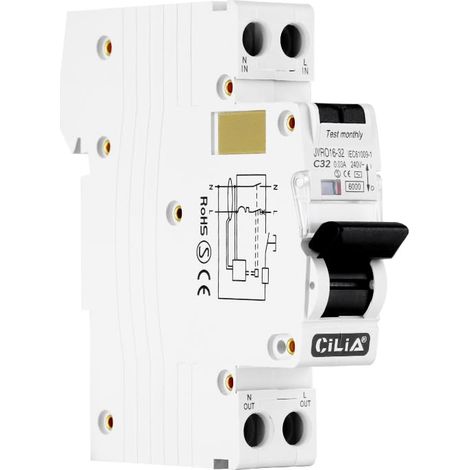 Interrupteur magnétothermique différentiel, RCBO, 1 module, In=C32, raccord DIN (universel pour n'importe quelle unité dans le commerce),1P+N, 230 Vac, Type AC, Courbe d'intervention C (1/5)