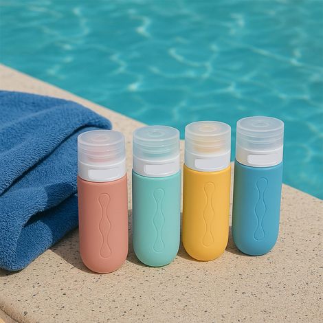 BEPER C302AAC010 Set mit 4 Silikon-Reiseflaschen (90 ml), Shampoo- und Cremebehältern mit transparentem Etui, tropffrei, ideal für Flugzeug und Fitnessstudio (1/5)