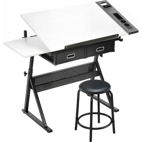Mesa de dibujo ajustable con taburete y espacio de almacenamiento, color blanco.