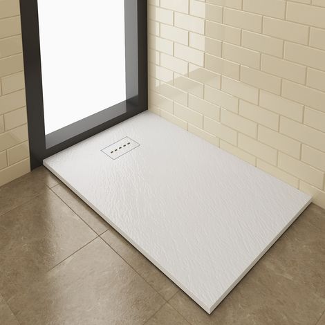 ELEGANT White Slate Effect Shower Tray Rectangular Grain Shower Base with Waste Trap 1200x800mm