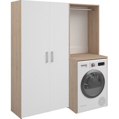 Meuble pour machine à laver avec penderie et colonne double porte – Naturel clair et blanc – L156 x H184 – ERKANO