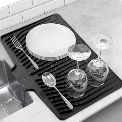 Tapis de séchage en silicone pour vaisselle de comptoir de cuisine, tapis antidérapant à drainage rapide en pente, convient pour égouttoir à vaisselle (18,9 pouces x 11,8 pouces, noir)