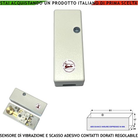 Rilevatore di Vibrazioni Continue e Scasso Collegamento a Filo Antifurto Inferriate Porte Vetrate Regolazione Meccanica del Martelletto Contatto Allarme NC Tamper Contenitore Adesivo ABS Bianco IP30 (1/4)