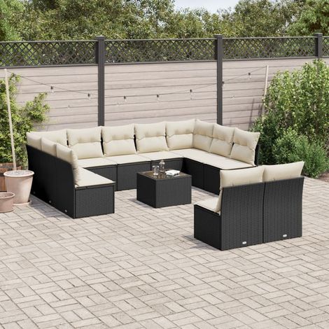 Ensemble salon jardin 12 pièces noir résine tressée avec coussins crème, table verre, sièges modulaires et rangement. (1/3)