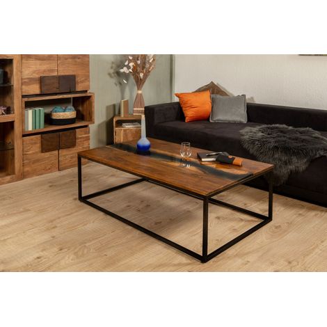 Couchtisch Beistelltisch 120 x 70 cm Akazie massiv mit Kunstharz-Ader mittig und Eisengestell SATI (1/5)