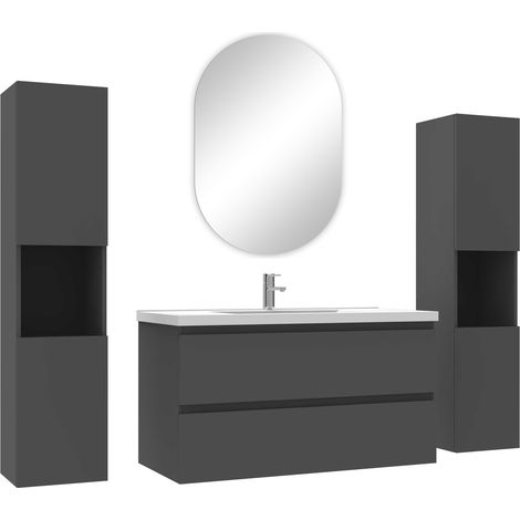 Acezanble ensemble meubles Salle de Bain avec colonne et miroir ovale mural 100cm meuble Anthracite (1/4)