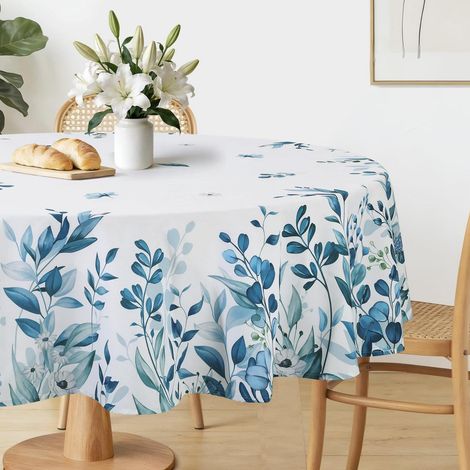 Nappe Ronde 140 cm avec motif floral et feuilles, Bleu, facile d'entretien