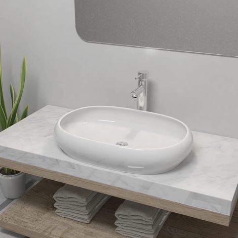 Lavabo vasque à poser Luxueux, Bac à laver, avec mitigeur Céramique Ovale Blanc OIB5976E (1/5)