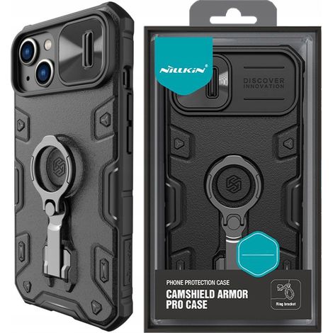 Custodia Nillkin CamShield Armor Pro per iPhone 14 Plus, robusta, con copri fotocamera e anello di supporto, colore nero. (1/5)