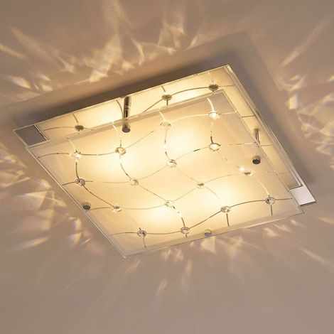 Plafonnier avec cristaux plafonnier en verre lampe de couloir lampe de salon, dépoli, 4x 3W 4x 255lm blanc chaud, LxPxH 32x32x7,5 cm (1/5)