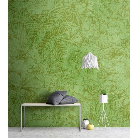 Papier peint panoramique jungle idéal couloir & salon | Tapisserie panoramique floral vert clair nature | Papier peint panoramique tropical et forêt - 270 x 400 cm (4 pièces) (1/5)