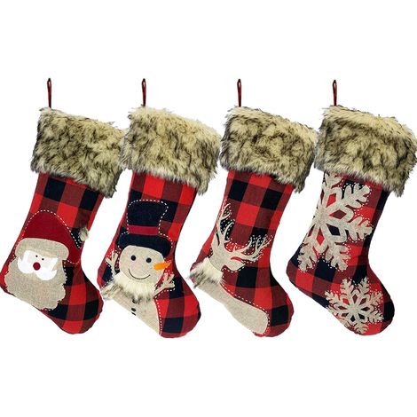 Calcetín Navideño - 45 7 Cm - Estilo Lienzo De Saco Con Motivos De Copo De Nieve Papa Noel Muñeco De Nieve Y Reno - Borde De Pelo Sintético - Paquete De 4 (1/5)