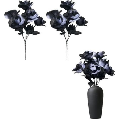 Strauß aus 2 künstlichen Rosen – Schwarz-weiße Kunstrosen – Gothic-Halloween-Partydekoration – Hochzeits- oder DIY-Heimdekoration (1/5)