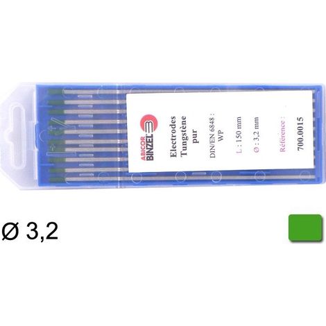 10 Électrodes en Tungstène Pur WP Ø 3,2 mm Vert pour Soudage à Courant Alternatif (AC) - Pack de 10 GYS