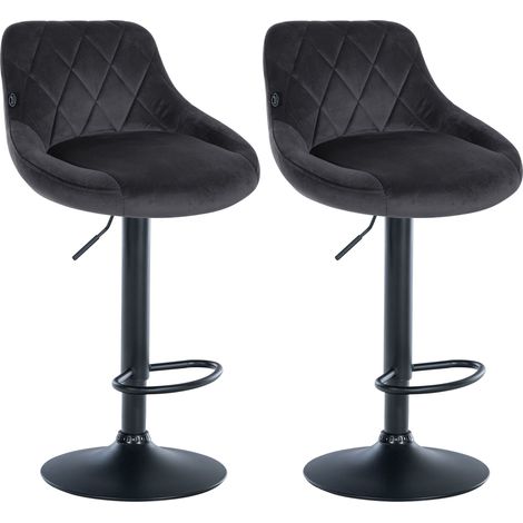 Juego de 2 taburetes de bar con costuras decorativas de rombos, asiento de terciopelo gris oscuro y estructura de metal negro TDB10777