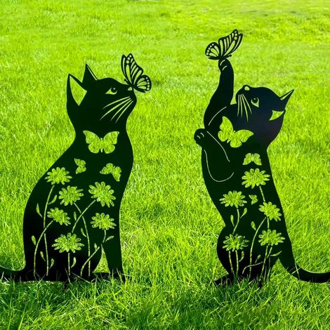 Décoration de jardin en forme de chat pour l'extérieur, piquets décoratifs en métal, cadeau pour femmes, hommes ou amoureux des chats, silhouette de chat noir pour extérieur. (1/5)