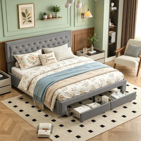 JOOKGBD-Letto contenitore 180x200 cm,Letto matrimoniale imbottito con 2 cassetti e rete a doghe,testiera imbottita,per adulti e adolescenti,Velluto,Grigio
