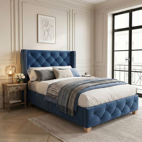 Cama tapizada 90200cm con somier y cabecera, tapizado con botones, tapizado con tachuelas, patas de madera, terciopelo, azul (SKU ANTIGUO: 3099934AAB) (1/5)