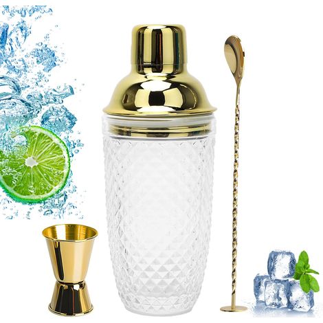 Shaker à Cocktail En Verre Transparent Doré 400ml, Shaker à Martini En Verre pour Cocktails, Avec Doseur, Pelle En Acier Inoxydable, pour Les Bars à Domicile, Boissons Mixées à Base De Jus, Dorée (1/5)