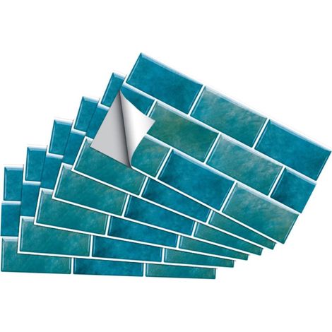 6 pegatinas de pared impermeables, paneles decorativos retro para cocina y baño, pegatinas de diseño para decoración de pared y protección contra el aceite, color azul. (1/5)