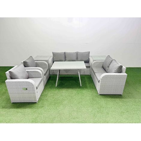 Fimous PE Rattan Garden Furniture Set Outdoor Rectangular Dining Table Sofa Set with Reclining Chair 2 Side Tables Light Grey (1/4)