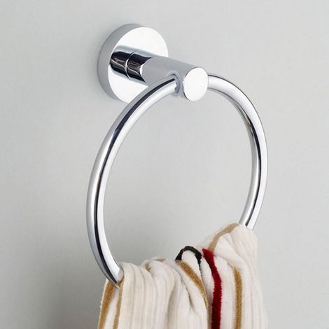 Porte-serviette mural rond en acier inoxydable brossé, anneau de suspension argenté pour salle de bain, fixation murale robuste, finition chromée, accessoire de rangement pratique. (1/4)