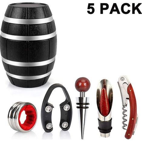 Coffret cadeau de 5 accessoires à vin en plastique en forme de tonneau, comprenant tire-bouchon, bouchons et verseurs. (1/5)