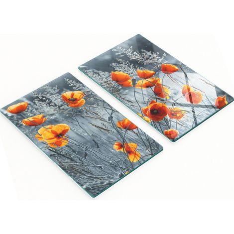 Due taglieri decorativi in vetro temperato con motivo campo di papaveri, 2x30x52 cm (1/5)