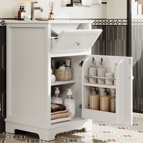 Meuble-lavabo MDF 51×46×87cm, peinture blanche, tiroir coulissant, tablette réglable, rangement encastré et lavabo intégré.