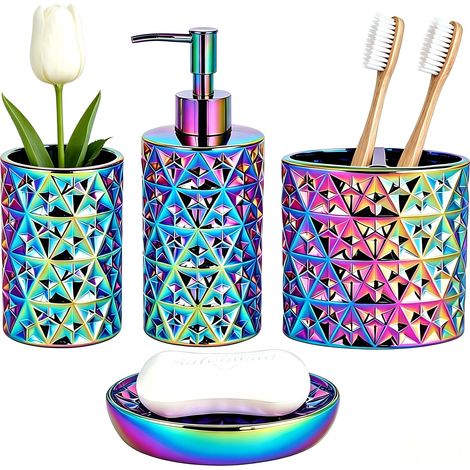 Lot de 4 Accessoires de Salle de Bain colorés, Distributeur de Savon, Porte-Savon, Porte-Brosse à Dents, gobelet, Organisateur de Coiffeuse pour comptoir (1/5)