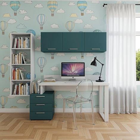 Angolo libreria design con cubotti e cassettiera - Soluzione moderna e salvaspazio - Bianco e Petrolio