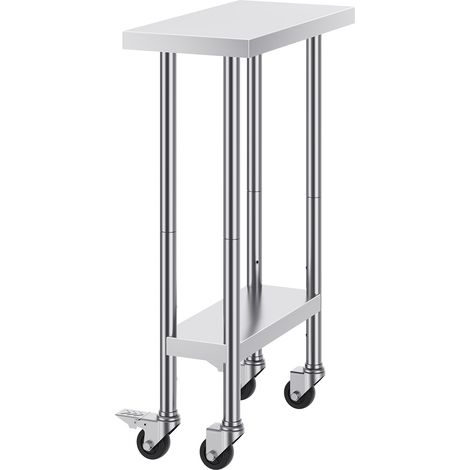 Mophorn Arbeitstisch aus Edelstahl, 61 x 30 x 96,5 cm, 227 kg Tragkraft, 4 Räder, 3 einstellbare Höhenstufen, robuster Lebensmittelzubereitungstisch für Restaurants, silberfarben