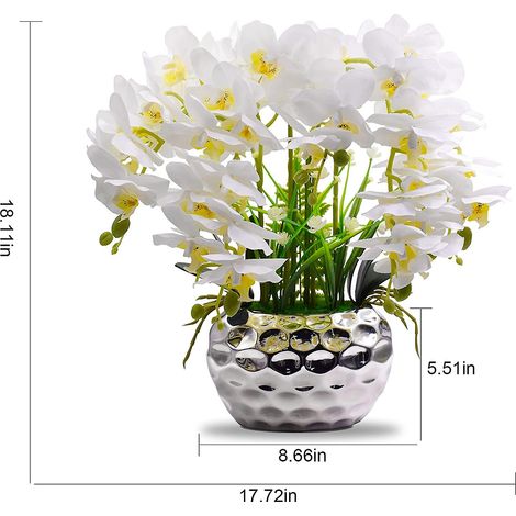 Orchidées artificielles dans un vase en céramique argentée, plantes artificielles pour la décoration de table d'intérieur. (1/4)