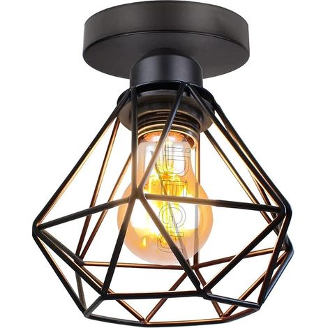 Plafonnier Industrielle en Métal Cage Carré, Lustre Abat-jour Fer Luminaire E27 40W Noir pour Salon Chambre Bar (Diamant 16CM 1 Pack) (1/5)