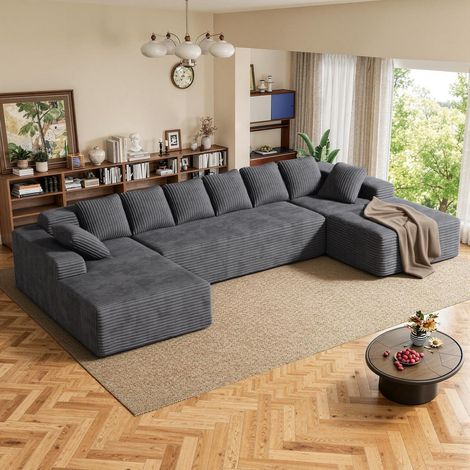 Modulare Cloud Couch 3-Sitzer U-Form L-Form Grau Cord-Bezug Hochdichter Schaumstoff (1/5)