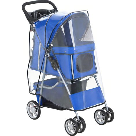 Hundewagen, faltbarer Hundebuggy für Haustiere bis 10 kg, mit Regenschutz, Reflektorstreifen & Aufbewahrungskorb, Blau (1/5)
