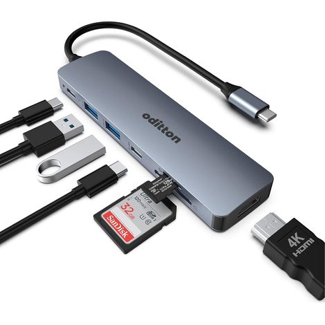 Hub USB C, Adaptateur USB C 7 en 1 Sortie HDMI 4K, PD 100W, 2 Port USB 3.0, 1 USB C 3.0, Lecteur de Carte SD/TF, Hub USB de Type C Compatible avec Type C Ordinateur Portable (1/5)
