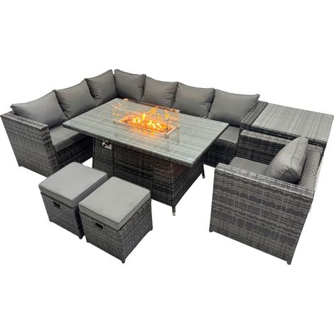 Fimous Rattan Garden Furniture Dining Set 9-seater Gas Firepit Dining Table Corner Sofa Set with Side Table 2 Small Stool Dark Grey Mixed (1/5)